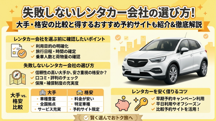 失敗しないレンタカー会社の選び方！大手・格安の比較と得するおすすめ予約サイトも紹介&徹底解説
